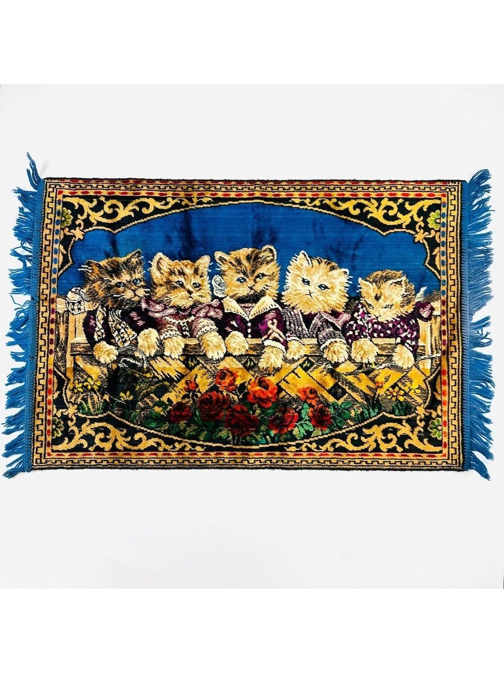 Vintage velvet chenille tapestry cats wall hanging rug Mid Century MCM